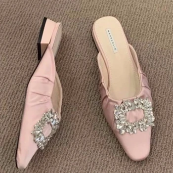 2023 Yeni kadın ayakkabısı Kadın Pompaları İpek Saten Sivri Burun Taklidi Kristal Yüksek Topuklu Kadın Düğün Pompaları üzerinde Kayma Fincan Topuklu