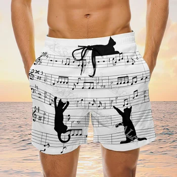 Müzik Moda Kedi Piyano Not Gitar Personel Yüzer 3D Baskı Şort Yaz Plaj Tatil Şort erkek Yüzme Spor Yarım Pantolon-4