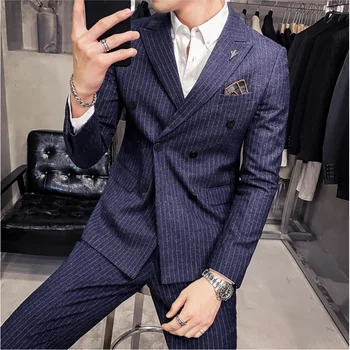 En Kaliteli Kruvaze Çizgili Takım Elbise Erkekler için Şerit Giyim düğün elbisesi İş resmi giysi Rahat Blazer Ceket + Pantolon