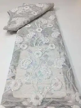Moda Afrika Dantel Kumaş 2023 Yüksek Kaliteli Fransız tül örgü beyaz pullu Nijeryalı dantel kumaş düğün dikiş elbisesi