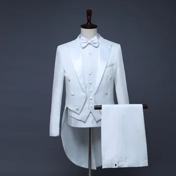 Erkek Beyaz İnce Zarif Düğün Damat 3 Parça Smokin Takım Elbise (Ceket + Pantolon + yelek)marka İletken Sihirbaz Gösterisi Terno Masculino