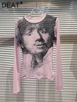 DEAT Kişilik Desen Tasarımcısı T-shirt kadın O-Boyun İnce Uzun Kollu Elastik Örgü Üstleri Kadın 2023 Yaz Yeni 11XX3496