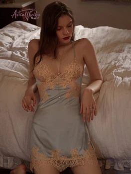 Rüya Mavi Gecelik Sonbahar Zarif Lüks Seksi Bölünmüş Jartiyer Kadın Güzellik Geri Dantel İpeksi Elbise Külot Uyku Elbise