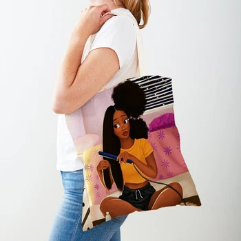 Rahat Siyah Bayan Kanvas alışveriş çantası Tote Çanta Kullanımlık Moda Karikatür Güzel Afrika Kız alışveriş çantası Kadınlar için