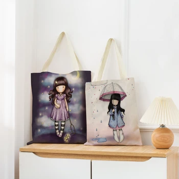 Sevimli Güzel Küçük Kız Çift Taraflı Baskı Pazarı alışveriş çantası Katlanabilir Çevre Dostu Çanta Öğrenci Kadın Açık Taşınabilir Tote