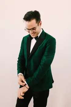 Son pantolon ceket Tasarım Yeşil Saten Erkek Takım Elbise Damat Smokin Slim Fit 2 Parça (Ceket+Pantolon) düğün Takımları Balo Blazer Terno Masculino