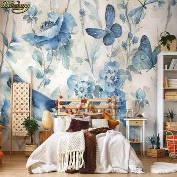 beibehang Özel 3d duvar kağıdı duvar mavi çiçekler ve kuşlar çiçek dalları el-boyalı Amerikan pastoral arka plan duvar kağıdı