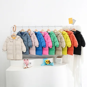 2023 Kış Çocuk Aşağı Ceket Moda Düz Renk Sıcak Dış Giyim Çocuklar İçin Orta Uzunlukta Kız Ceket Kapşonlu Erkek Giyim