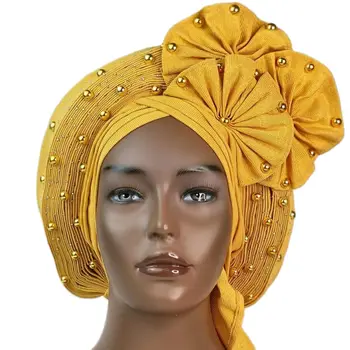 Yeni Nijeryalı Bayanlar Headtie El Yapımı Asoebi Gele Şapkalar Afrika Türban Headwraps Boncuk İle