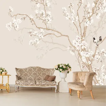 Ince fırça el-boyalı manolya çiçek ve kuş ağacı özel 3D duvar kağıdı duvar çıkartmaları, oturma odası, yatak odası Ev Furnishin