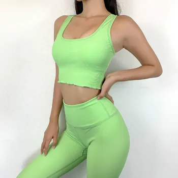 Yoga Seti Seksi 2 Parça Set Kadın Spor Kırışıklık Karşıtı Spor Seti dikişsiz tayt Katı Yelek Sütyen Spor Femme Kadın Anti-Boncuklanma