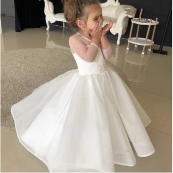 2023 Çiçek Kız Elbise Düğün için Parti Beyaz Uzun Kollu Kat Uzunluk Pageant İlk Communion Elbise Prenses Doğum Günü