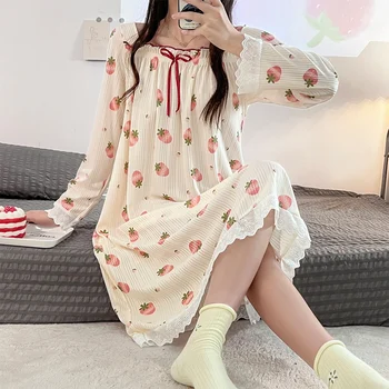 2023 İlkbahar Sonbahar Uzun Kollu Öğrenci Gecelikler Kadınlar için Kore Sevimli Dantel Pijama gece elbisesi Gecelik Ev Elbise Nighty