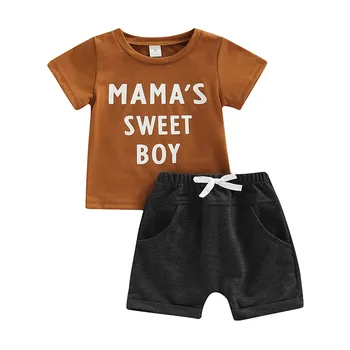 FOCUSNORM 2 adet Yaz Bebek Erkek günlük kıyafetler Setleri 0-24 M Mektup Kısa Kollu T Shirt Tops + Elastik Bel Katı Gri Şort