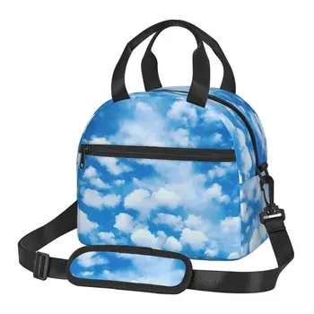 Bulut Makinesi Öğle Yemeği saplı çanta Mavi Gökyüzü Baskı Fermuarlı Soğutucu Çanta Araba Zarif Gıda Termal Çanta