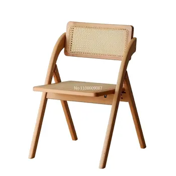 İskandinav katı ahşap Retro Rattan Sandalye Katlanır Sandalye Ev Arkalığı Sandalye Katlanır Yemek Sandalyesi Basit Rahat Yemek Sandalyesi şezlong