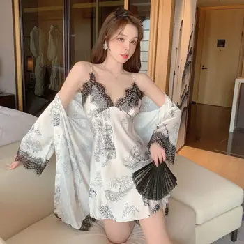 Çin Mürekkep Yıkama Robe elbise Seti Kadınlar Seksi Gecelik Bornoz Salonu Yeni Yaz Rahat Ev Giyim Kıyafetler Pijama Gecelik