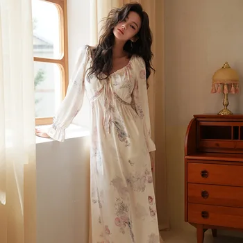 Seksi V Yaka Ev Sabahlık Zarif Uzun Gecelik Baskı Çiçek Mahkemesi Tarzı Kıyafeti Dantel Gecelik Kadın Pijama