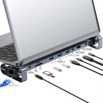 1 ADET USB C HUB Tipi C Uyumlu 3.5 Mm Ses Jakı USB 3.0 Adaptörü 10 İn 1 Tip C HUB Dock USB C Splitter laptop standı