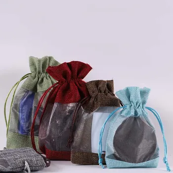 İpli Doğal Çuval Bezi Çanta Organze Pencere İle Jüt hediye keseleri Takı Ambalaj Düğün Şeker Torbaları Taşınabilir Torbalar Organizatör