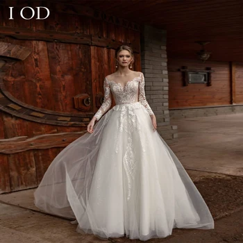 I OD Tül Bir Çizgi Prenses Aplikler Zarif düğün elbisesi Uzun Kollu O Boyun Düğmesi Mahkemesi Tren Elbise Vestidos De Novia
