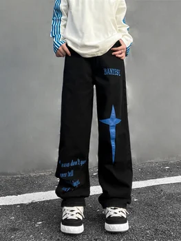 Kore Moda Jean Pantolon Y2k Estetik Vintage Mektup Nakış Rahat Kadın ve Erkek Pantolon Harajuku Gevşek Düz Pantolon