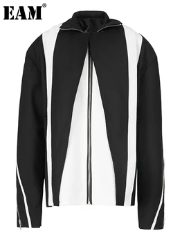 [EEM] Gevşek Fit Siyah Renk blok Fermuar Büyük Boy Ceket Yeni Yaka Uzun Kollu Kadın Ceket Moda Bahar Sonbahar 2023 1DF6395