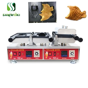 2 balık waffle makinesi dondurma balık waffle koni makinesi ticari açık ağız Taiyaki maker makinesi elektrikli büyük ağız Taiyaki tava
