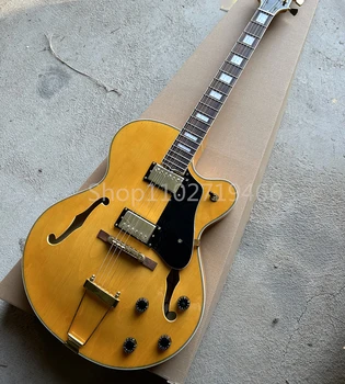 Fabrika Şeffaf Sarı 6 Strings Elektro Gitar Gülağacı Klavye Yarı Hollow Vücut Altın Donanım Özelleştirilebilir