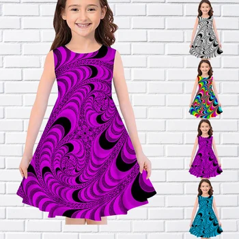 Karışıklık Desen 3D Baskı Yaz Kolsuz Kız Elbise Rahat Yuvarlak Boyun Uzun Elbiseler Moda Kız Elbise Eid Trend Elbise