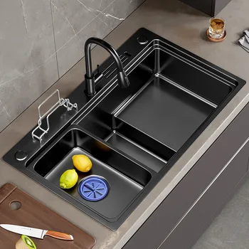Nano Mutfak Lavabo Paslanmaz Çelik Siyah El Yapımı Kademeli Tek yuvalı lavabo Kase Büyük Topmount Tezgah Altı Lavabo Drenaj Seti