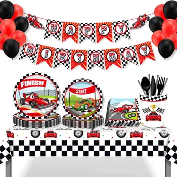 Araba yarışı Doğum Günü Partisi Dekoru Tek Kullanımlık Sofra Bardak Tabak Yarış Balon Mutlu Doğum Günü Afiş Çocuklar Bebek Duş Parti Malzemeleri
