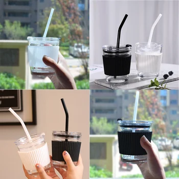 350ML Taşınabilir Şeffaf cam bardak sızdırmaz Su Çay Fincanı Kahve Süt Suyu pipetli bardak ve Kapaklı