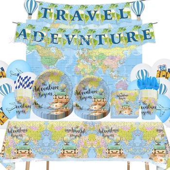 Seyahat maceracı emeklilik tema doğum günü partisi sofra Kağıt tabak Kağıt havlu masa örtüsü balon dekorasyon seti malzemeleri