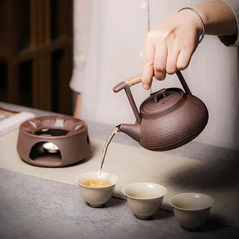Büyük kapasiteli seramik Çaydanlıklar Çömlek Pot Teaware Rattan kolu Retro mum ısıtmalı su ısıtıcısı demlik töreni seti
