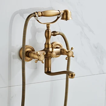 Banyo Duş Sistemi Banyo Duvara Monte El Düzenlenen Antika Pirinç Duş Başlığı Seti Duş Musluk Setleri Çift Saplı Basit Duş