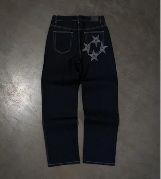 Yeni Y2K Kişilik Yıldız Desen Sokak Hip Hop Kot kadın Gevşek Geniş Bacak Düz Pantolon erkek Moda Harajuku kot pantolon