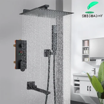 LED dijital ekran Duş Musluk Mat Siyah Şelale Duş Seti Küvet Duş Sistemi LCD Dijital Duş Banyo musluk bataryası