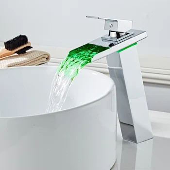 LED Havza Musluk Pirinç Şelale Sıcaklık Renk Değişimi Banyo musluk bataryası Güverte Üstü Havzası lavabo bataryası Musluk Banyo LED Musluk