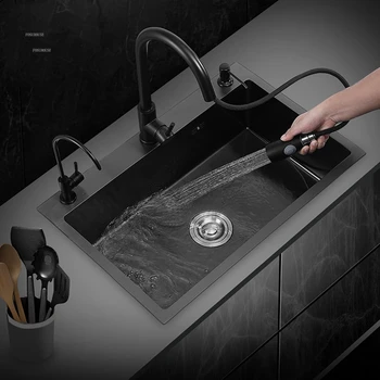 Paslanmaz çelik mutfak lavaboları Yaratıcı Siyah Nano lavabo Tek Lavabo drenaj Seti Ev El Yapımı lavabo Mutfak Aksesuarları