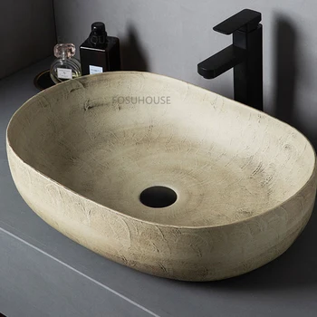 Iskandinav Seramik lavabo seti banyo armatürü Balkon Lavabo Büyük Boy Çimento Gri Yaratıcılık Kır Evi İçin tezgah lavabosu