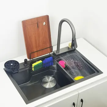Şelale Lavabo Mutfak Nano Lavabolar kesme tahtası raf tabancası gri renk 304 Paslanmaz Çelik Yıkama Havzası bardak yıkayıcı
