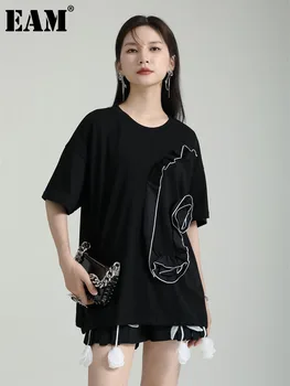 [EEM] Kadınlar Siyah Üç Boyutlu Çiçek Büyük Boy T-shirt Yeni Yuvarlak Boyun Kısa Kollu Moda Gelgit Bahar Yaz 2023 1DF8639