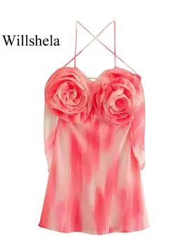 Willshela Kadın Moda Çiçek Baskılı Lace Up Backless Mini Elbise Vintage İnce Sapanlar V Yaka Kadın Şık kadın elbiseleri