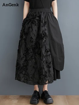 Siyah Vintage Çiçekli Yüksek Bel Etek Kadın Düzensiz Patchwork Pilili Moda Gevşek Rahat Uzun Etek Elbise Yeni Yaz 2023