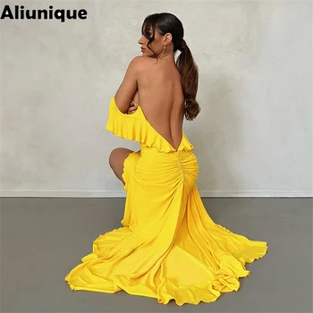 Yeni Yaz Seksi Sarı Ruffles Backless Akşam Kayma Elbise Kadınlar İçin 2023 Zarif V Yaka Yüksek Bel Yarık Doğum Günü Partisi Clubwear