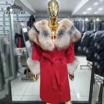 2021 Yeni Kadın Kış Kaşmir Kemer Yün kapüşonlu ceket Kalın Tilki Kürk Yaka Sıcak Moda Bayan Tilki Kürk Manşet Tasarım Giyim