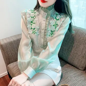 Yüksek Dereceli Gömlek Kadınlar için Boncuk İşlemeli Gömlek kadın Bahar Giysileri 2023 Yeni Güzel Yeşil Üst Blusas Mujer Elegantes