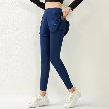 Kadın Tayt Yüksek Belli Karın Sahte İki Parçalı fitness pantolonları Cep ile Çabuk Kuruyan Koşu Spor Streç Egzersiz Leggins