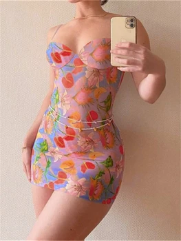 wsevypo Yaz Hotsweet Çiçek Spagetti Kayışı Bodycon Mini Elbise kadın Kolsuz V Boyun Kısa Kılıf Elbise Parti Clubwear